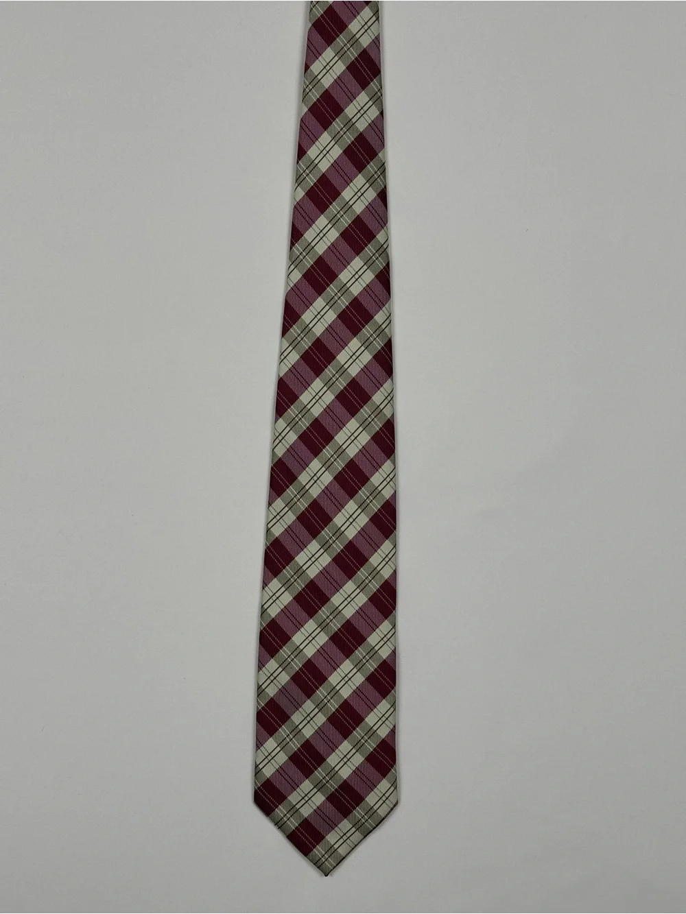 Hugo Boss Maroon and Cream Plaid Silk Tie